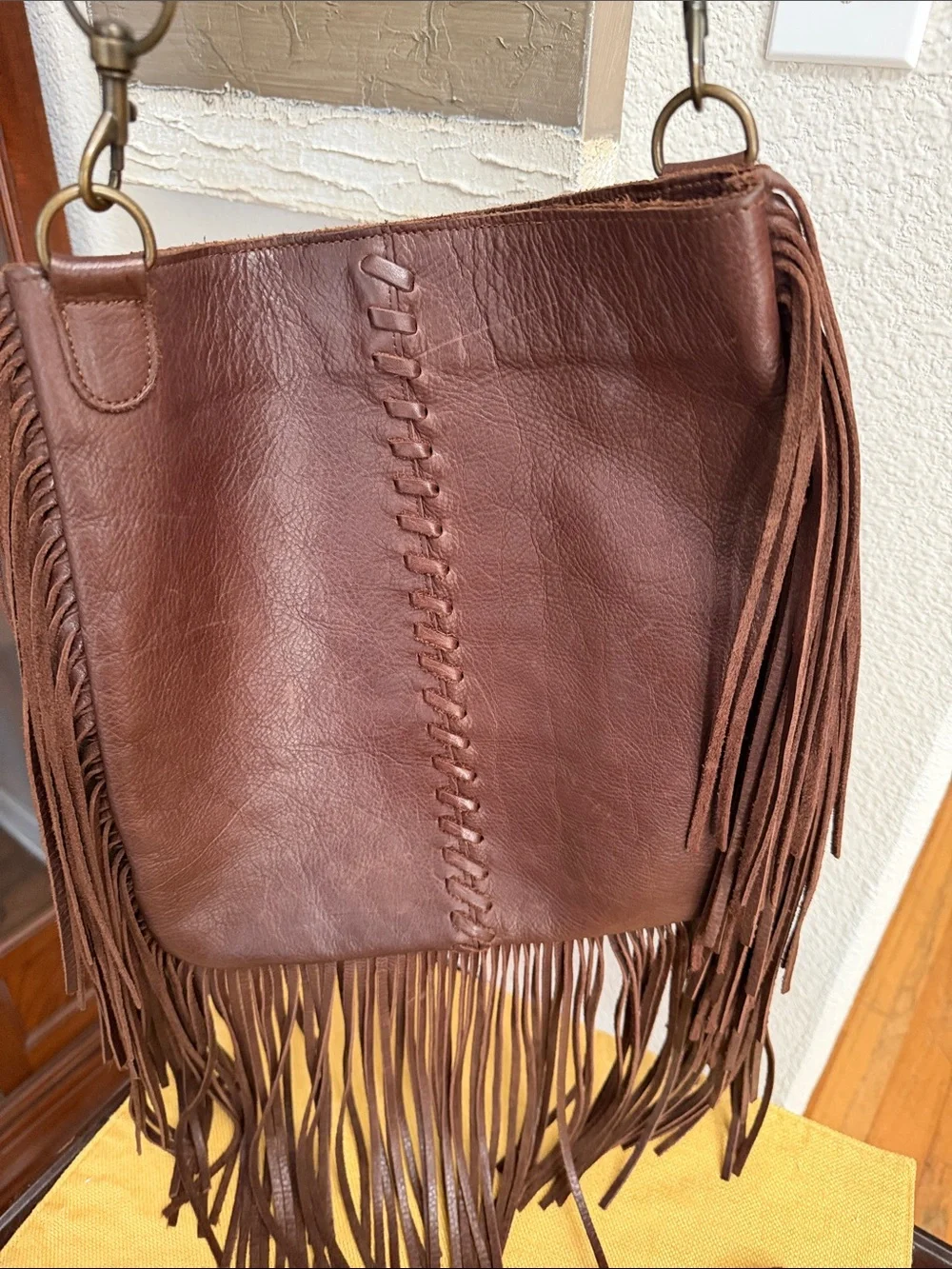 Brown Leather Fringe Hobo Shoulder Bag with Decorative Strap